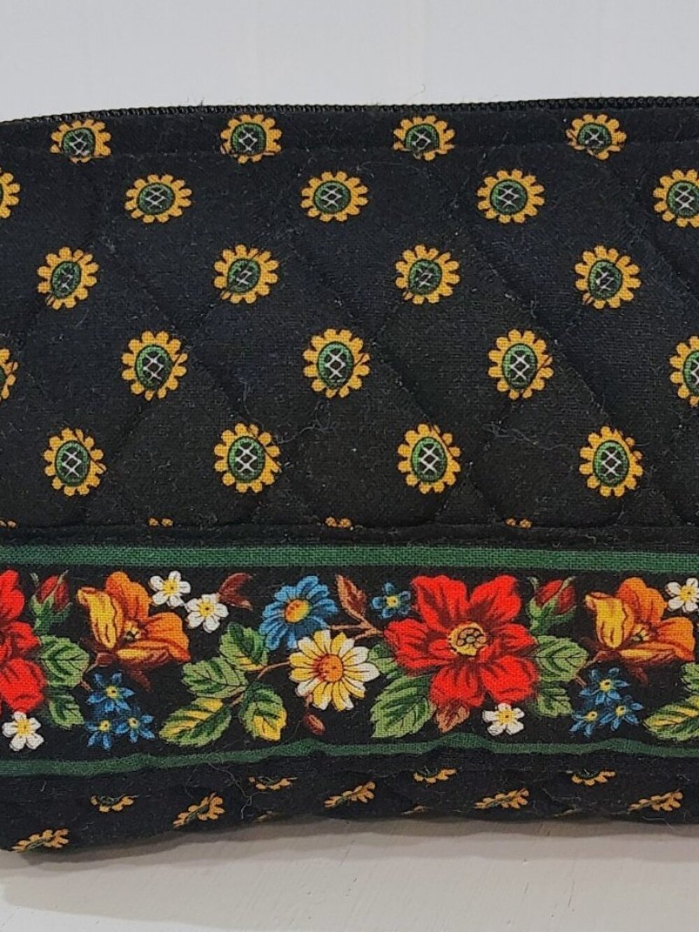 Vera Bradley Retired Rare Vibrant Black Floral Trim Zip Makeup Bag Lined EUC